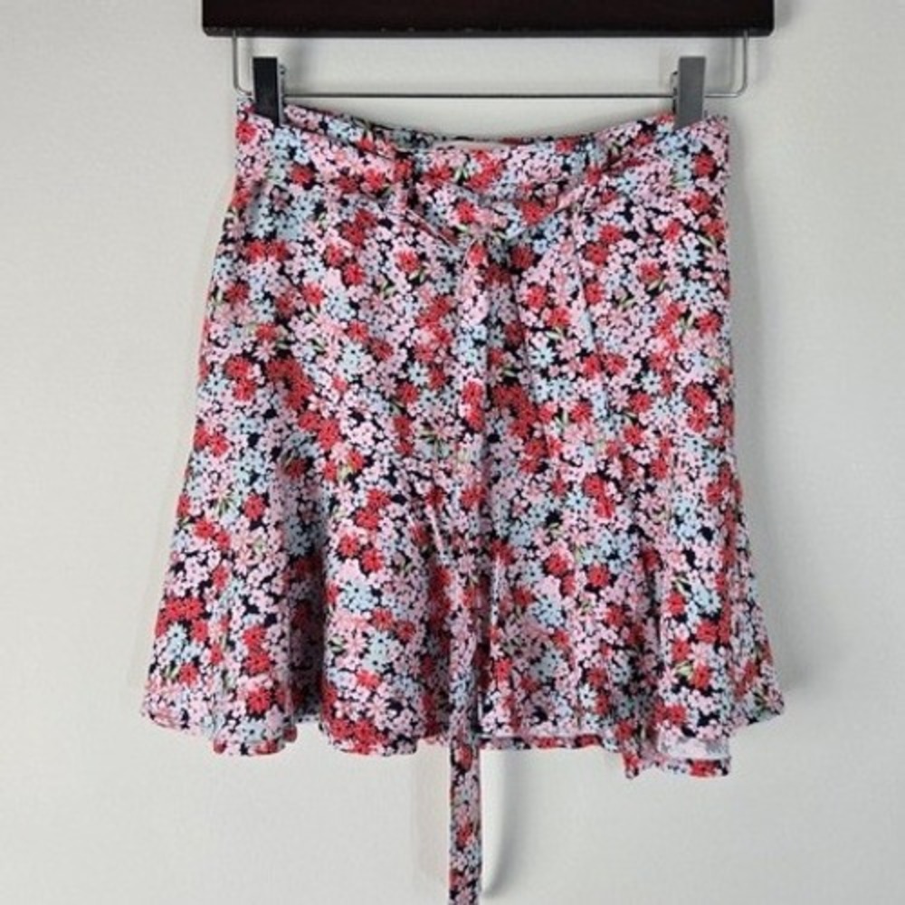 SO Goods For Life Floral Mini Skirt XS Navy Red Pink Ditsy Print Rayon Tie Waist